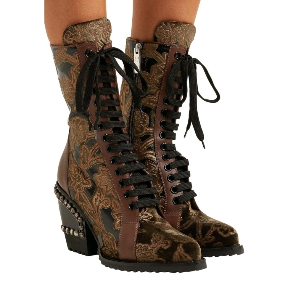 Chloe Rylee Brocade & Leather Black and Brown Lace Up Boots with Gold Embroidery - Picture 3 of 8